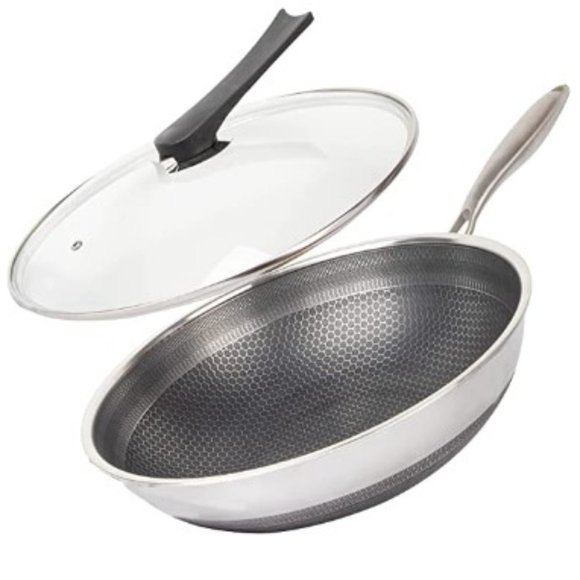CATHYLIN:  12.5"/ 1 QT -  Nonstick Stainless Steel Wok Pan with Lid - Picture 1 of 13